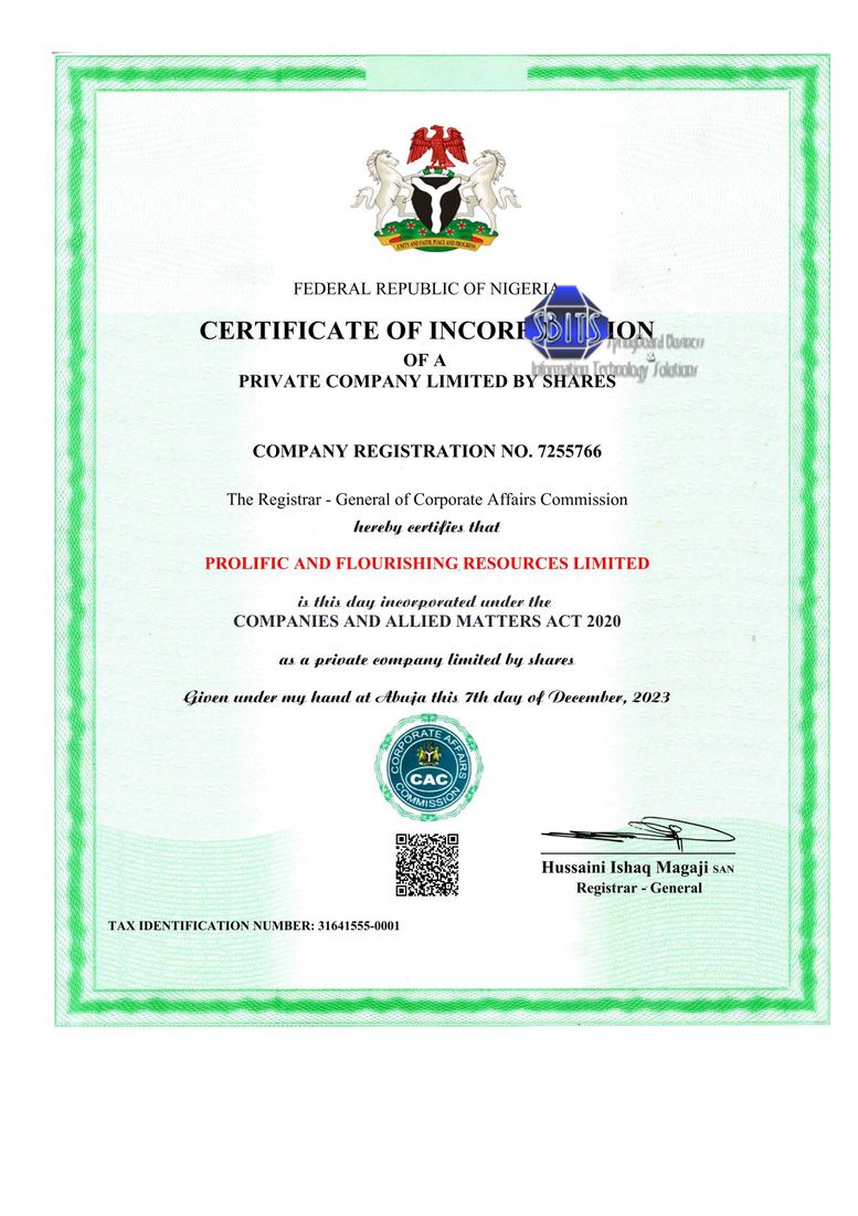 CAC registration work - PROLIFIC AND FLOURISHING RESOURCES LIMITED