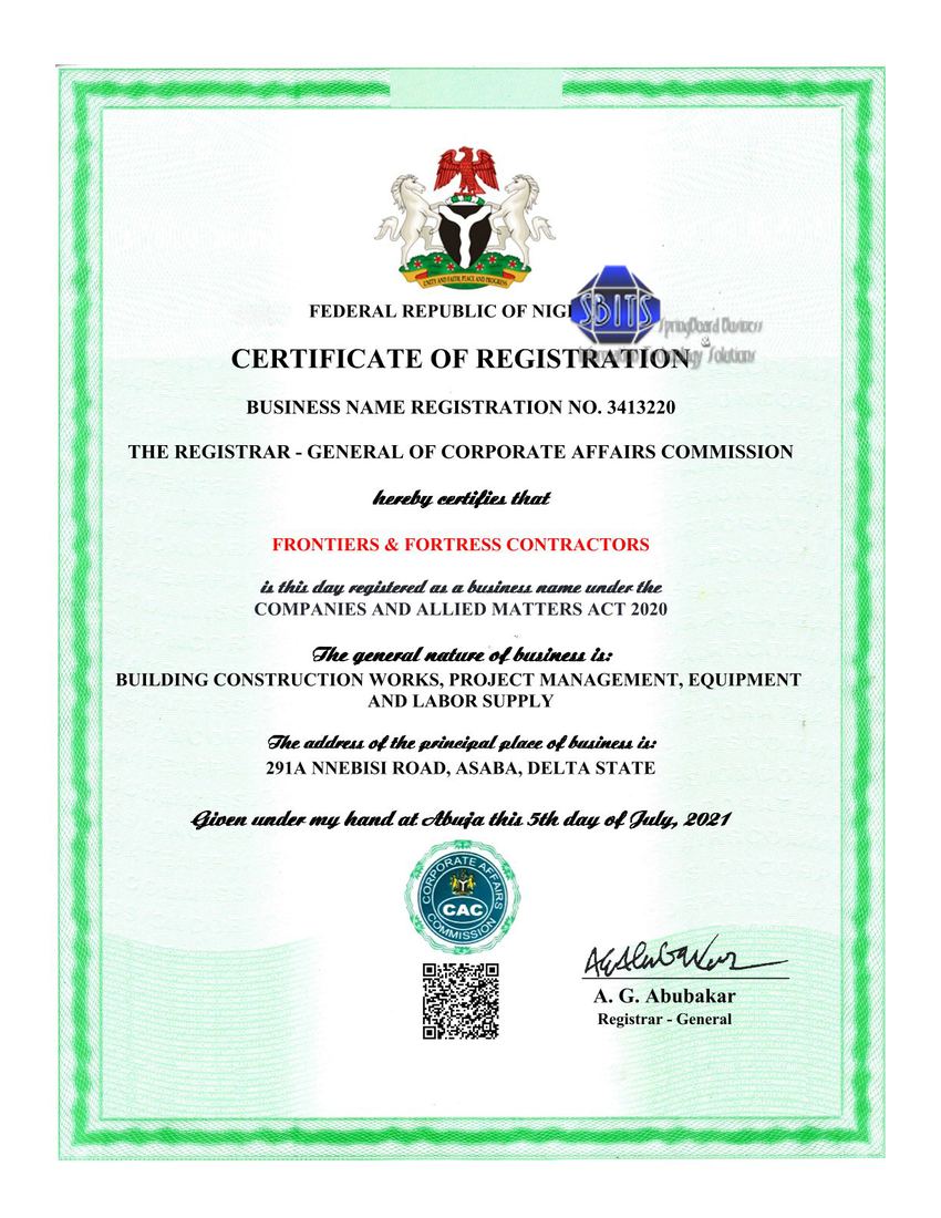 CAC registration work - FRONTIERS & FORTRESS CONTRACTORS
