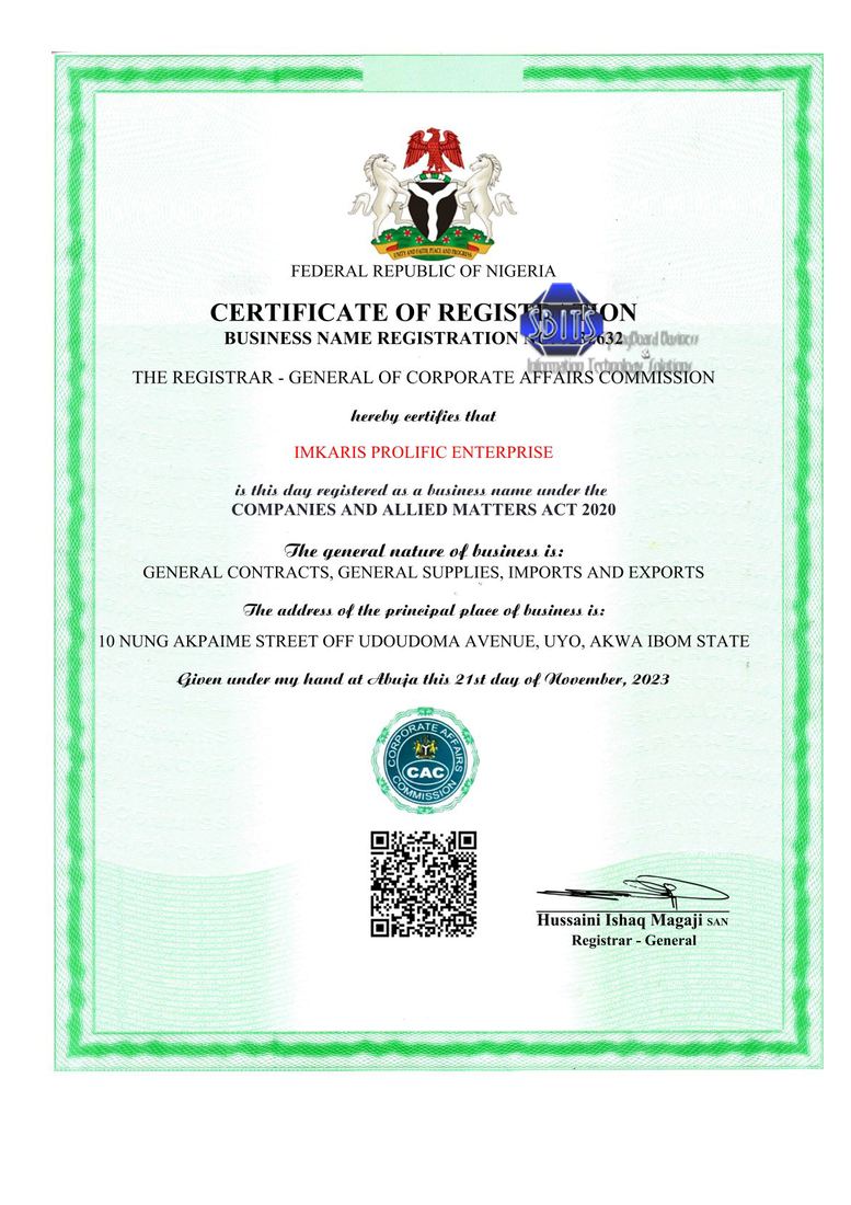 CAC registration work - IMKARIS PROLIFIC ENTERPRISE