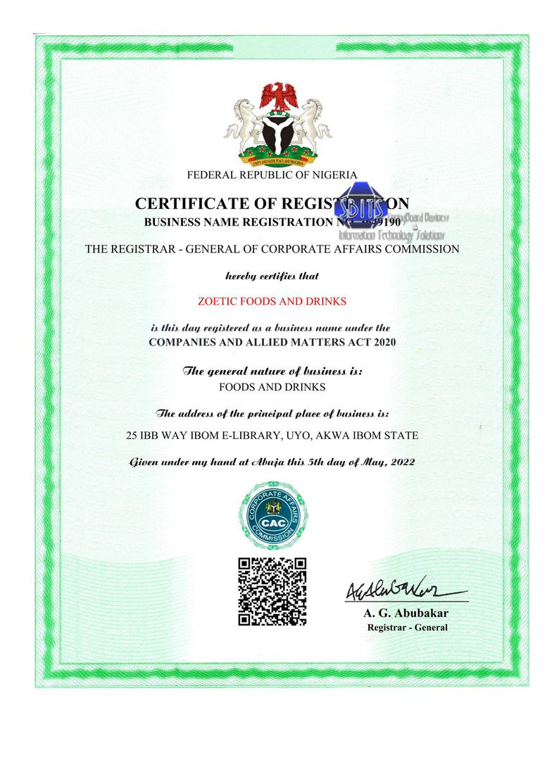 CAC registration work - Zoetic foods