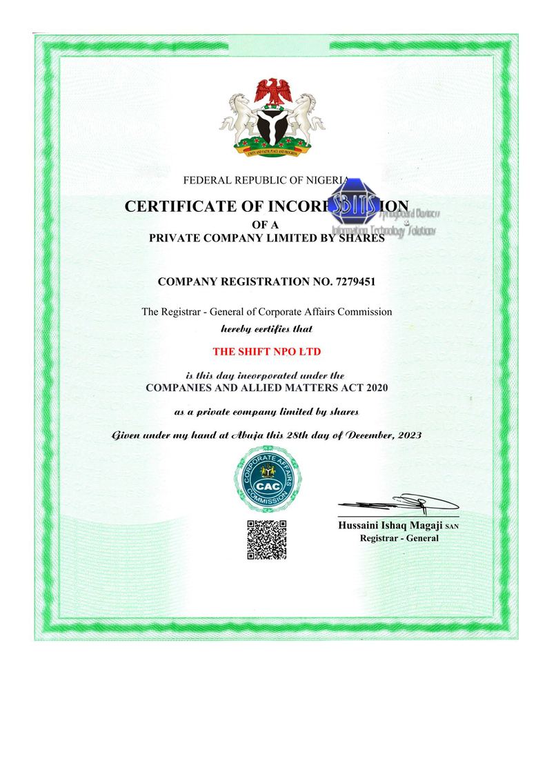 CAC registration work - The SHIFT NPO Ltd certificate Thu Dec 3