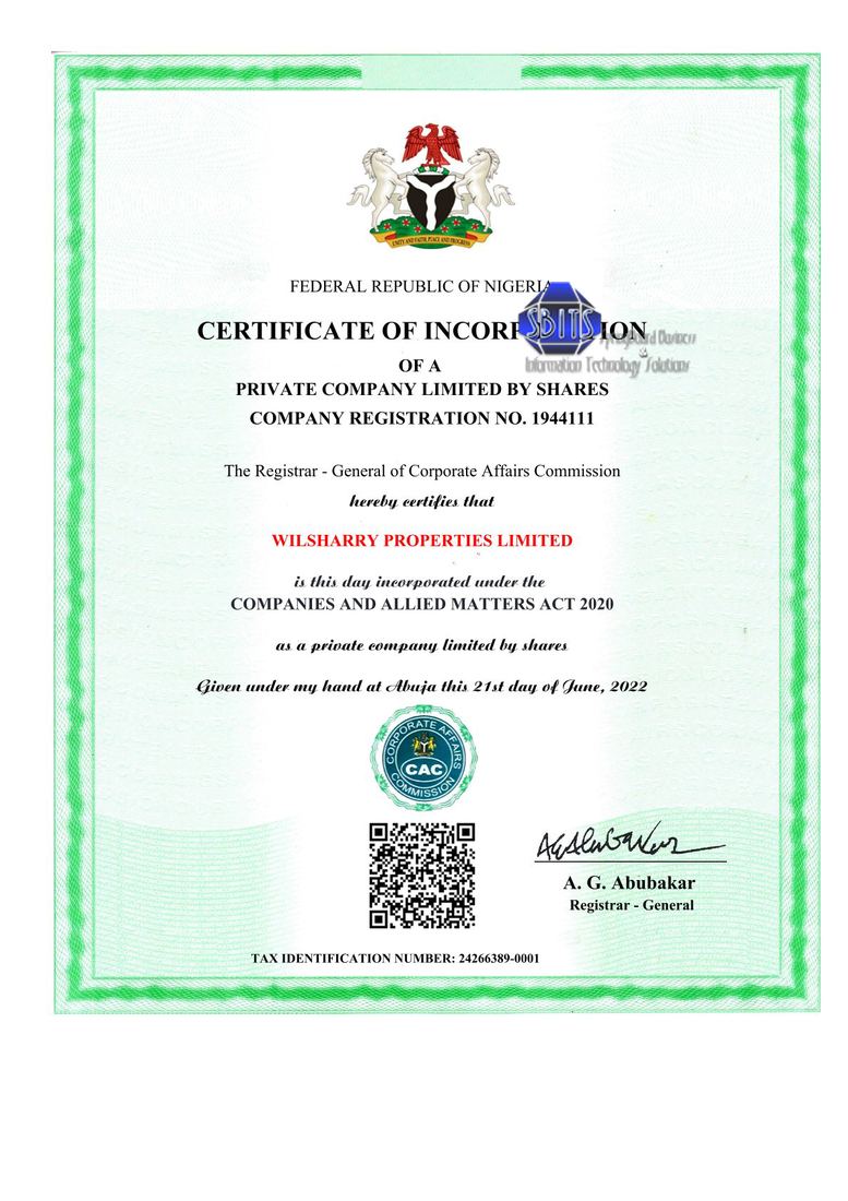 CAC registration work - Wilsharry certificate